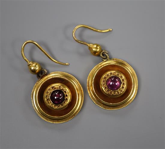 A pair of Victorian yellow metal and cabochon amethyst target earrings.